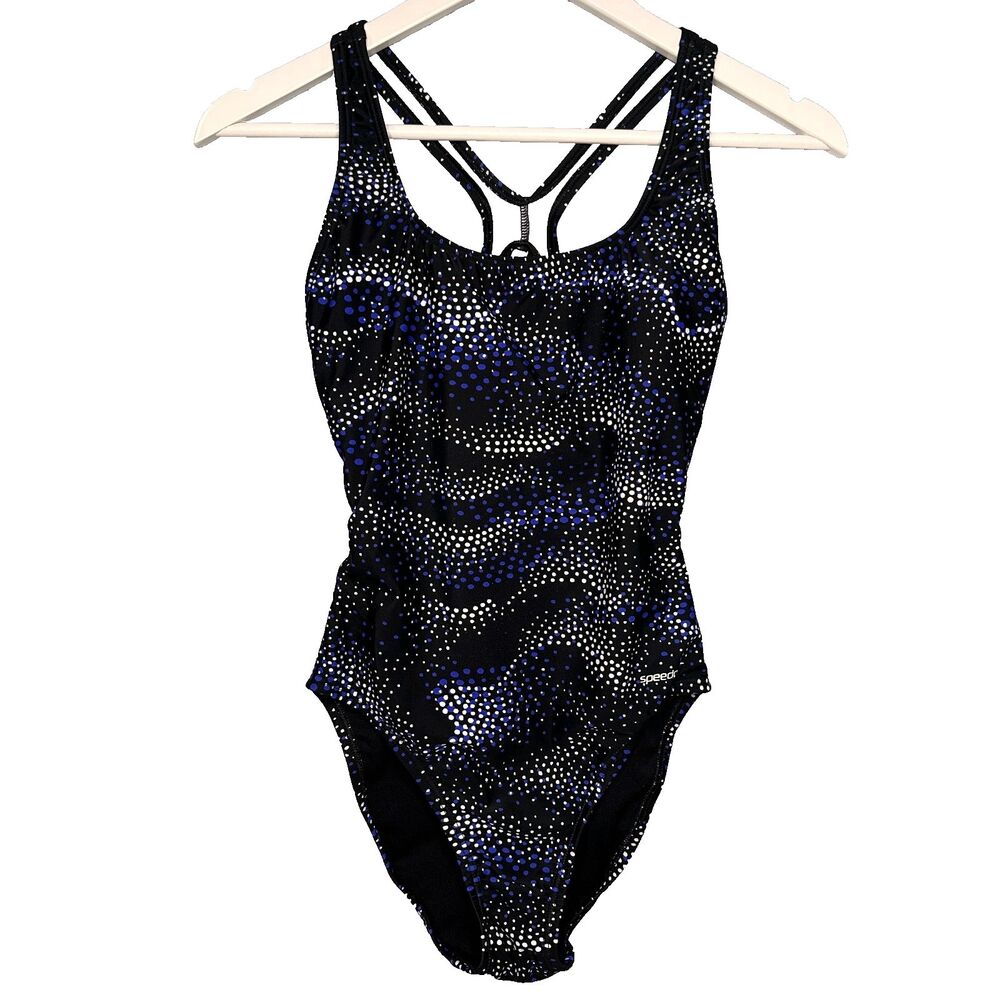 Speedo Swimsuit one piece halter black white blue dot Size 6